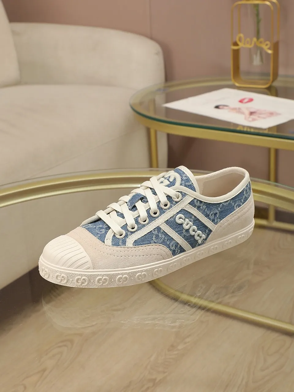 👟👟Ex-factory price 420👟👟 GUCCI~24 The latest double G embroidered low-cut lace-up fashion sneakers, originally developed, the fabric is exclusive double G fabric, the upper is perfectly matched with special craftsmanship, the lining is sheepskin, rubber outsole, size 35 to 40